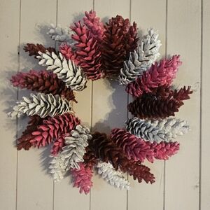 Beautiful Handmade Pinecone  Wreath - Red, Pink, and White